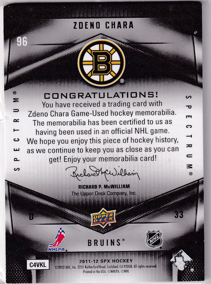  2011-12 SPx Spectrum #96 Zdeno Chara PATCH /15