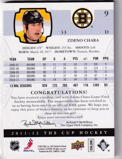  2011-12 The Cup Gold Rainbow #9 Zdeno Chara JSY /10