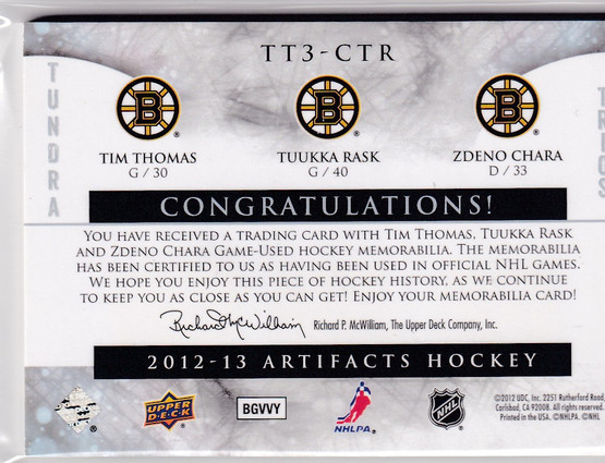 2012-13 Artifacts Tundra Trios Fight Straps Red #TT3CTR Tim Thomas/Tuukka Rask/Zdeno Chara /6