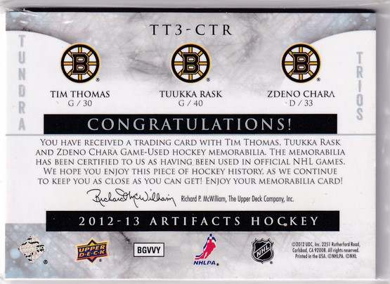  2012-13 Artifacts Tundra Trios Patches Emerald #TT3CTR Tim Thomas/Tuukka Rask/Zdeno Chara /18