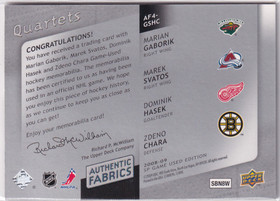 2008-09 SP Game Used Authentic Fabrics Quads #AF4GSHC Marian Gaborik/Marek Svatos/Dominik Hasek/Zdeno Chara /10