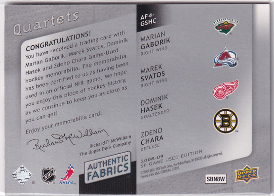 2008-09 SP Game Used Authentic Fabrics Quads #AF4GSHC Marian Gaborik/Marek Svatos/Dominik Hasek/Zdeno Chara /10