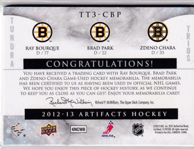 2012-13 Artifacts Tundra Trios Fight Straps Red #TT3CBP Ray Bourque/Brad Park/Zdeno Chara /6
