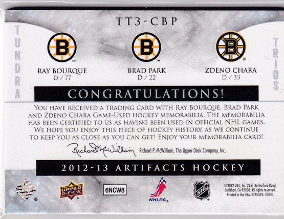 2012-13 Artifacts Tundra Trios Fight Straps Red #TT3CBP Ray Bourque/Brad Park/Zdeno Chara /6