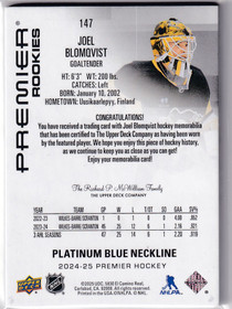 2024-25 Upper Deck Premier Platinum Jerseys Blue Neckline #147 Joel Blomqvist /3 RC