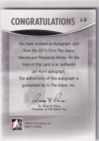  2012-13 ITG Heroes and Prospects Autographs #AJK Jari Kurri Hero SP
