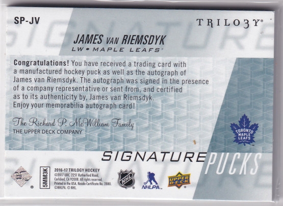  2016-17 Upper Deck Trilogy Signature Pucks NHL Shield #SPJV James van Riemsdyk /3