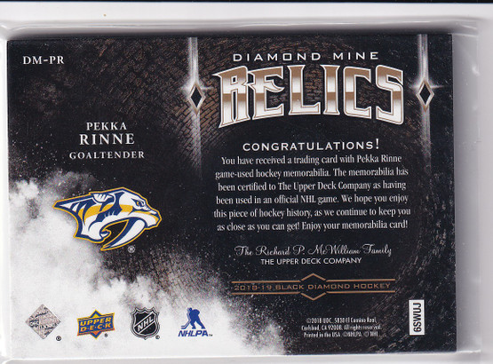  2018-19 Black Diamond Diamond Mine Relics Premium #DMPR Pekka Rinne/50