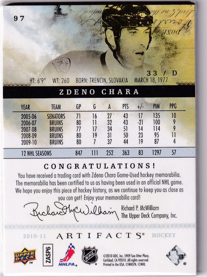 2010-11 Artifacts Jerseys Patches Tag Black #97 Zdeno Chara /5