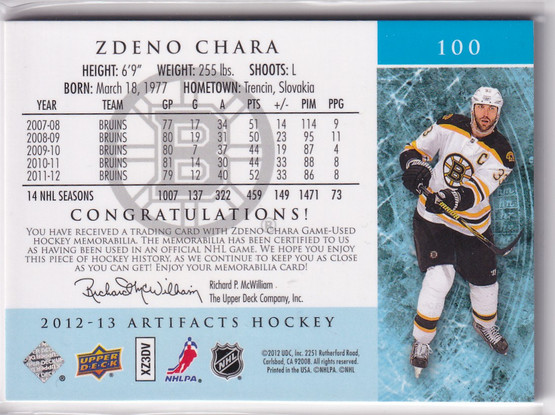  2012-13 Artifacts Jerseys Patch Gold Spectrum #100 Zdeno Chara /15