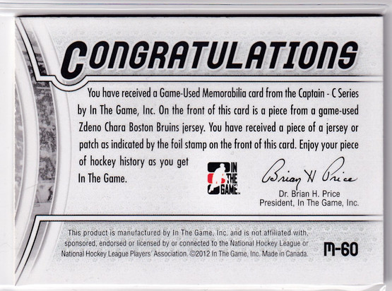  2011-12 ITG Captain-C Jerseys Patch Gold #M60 Zdeno Chara 1/1