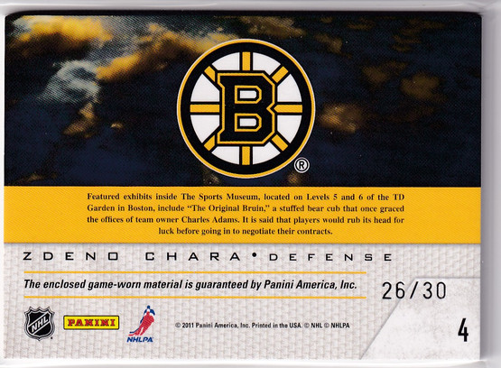  2011-12 Pinnacle Game Night Materials Prime #4 Zdeno Chara/30