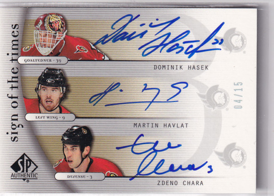  2005-06 SP Authentic Sign of the Times Triples #THHC Hasek/Havlat/Chara /15