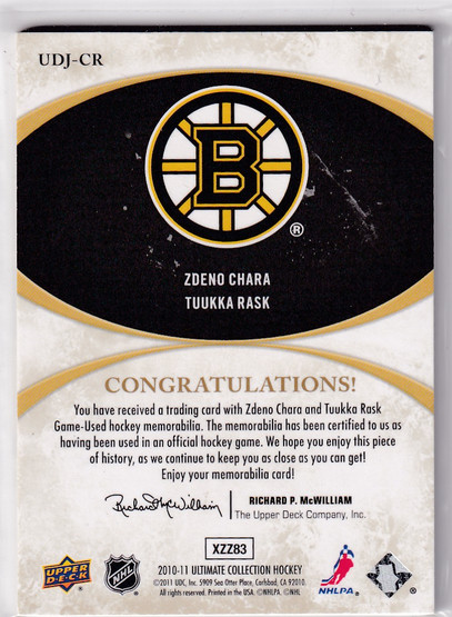  2010-11 Ultimate Collection Ultimate Patches Duos #UDJCR Zdeno Chara/Tuukka Rask /25