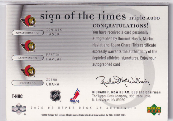  2005-06 SP Authentic Sign of the Times Triples #THHC Hasek/Havlat/Chara /15