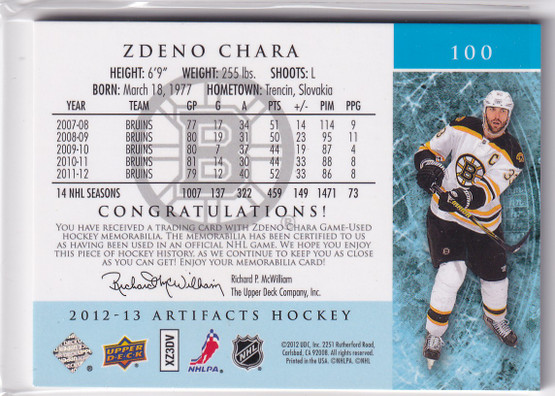  2012-13 Artifacts Jerseys Patch Emerald #100 Zdeno Chara/75