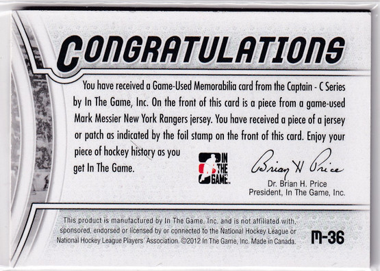  2011-12 ITG Captain-C Jerseys Patch Silver #M36 Mark Messier /9