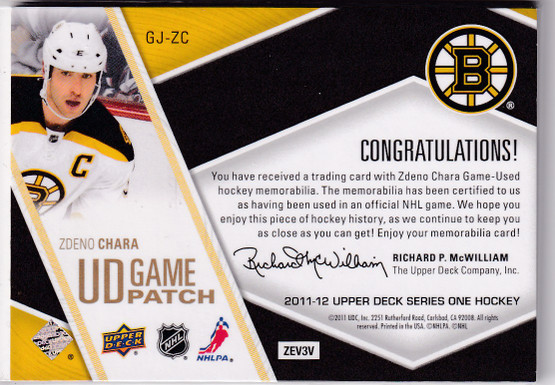  2011-12 Upper Deck Game Jerseys Patches #GJZC Zdeno Chara /15 SER1