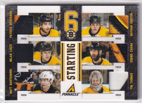 2011-12 Pinnacle Starting Six Threads Patches #1 Tim Thomas/Zdeno Chara/Patrice Bergeron/Milan Lucic/Nathan Horton/Matt Bartkowski /10