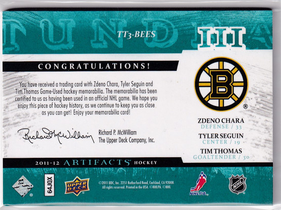 2011-12 Artifacts Tundra Trios Patches Emerald #TT3BEES Zdeno Chara/Tim Thomas/Tyler Seguin/20
