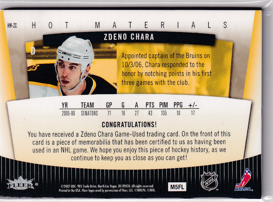  2006-07 Hot Prospects Hot Materials White Hot #HMZC Zdeno Chara /10
