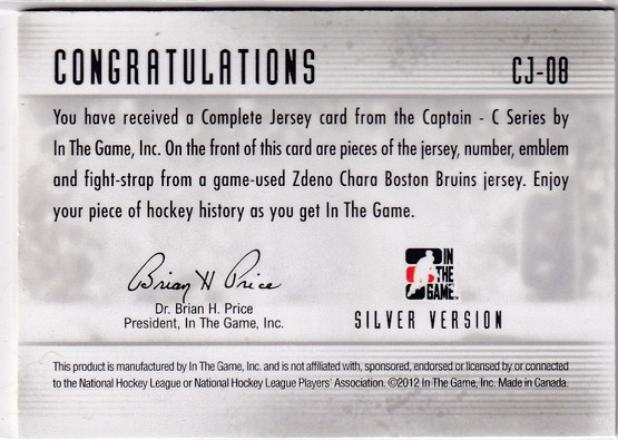  2011-12 ITG Captain-C Complete Jersey Silver #CJ08 Zdeno Chara /9