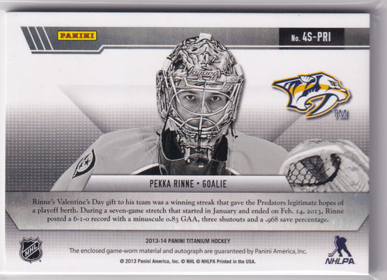 2013-14 Panini Titanium Four Star Memorabilia Autographs #4APR Pekka Rinne /10