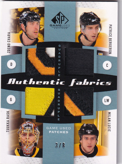 2010-11 SP Game Used Authentic Fabrics Quads Patches #AF4ECS1 Zdeno Chara/Patrice Bergeron/Milan Lucic/Tuukka Rask /8