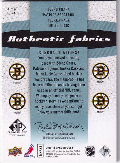 2010-11 SP Game Used Authentic Fabrics Quads Patches #AF4ECS1 Zdeno Chara/Patrice Bergeron/Milan Lucic/Tuukka Rask /8