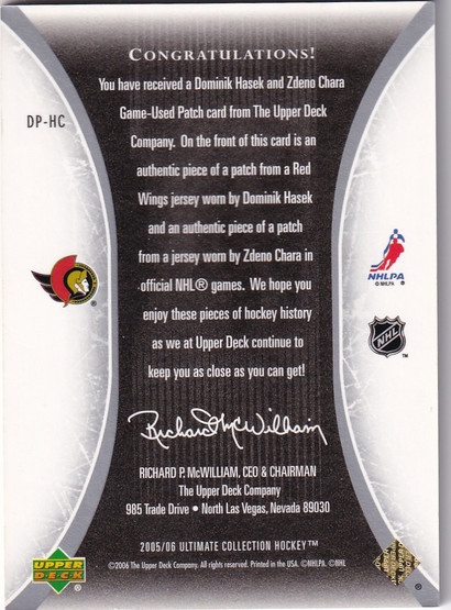 2005-06 Ultimate Collection Ultimate Patches Dual #DPHC Dominik Hasek/Zdeno Chara /25