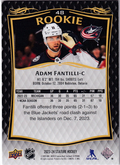  2023-24 Upper Deck Stature #48 Adam Fantilli/999 RC