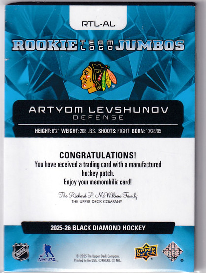  2025-26 Black Diamond Rookie Team Logo Jumbo Puzzle Patch #RTLAL Artyom Levshunov