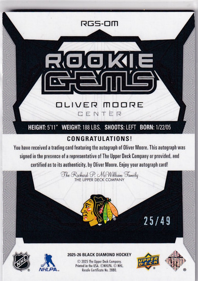  2025-26 Black Diamond Rookie Gems Signatures #RGSOM Oliver Moore/49