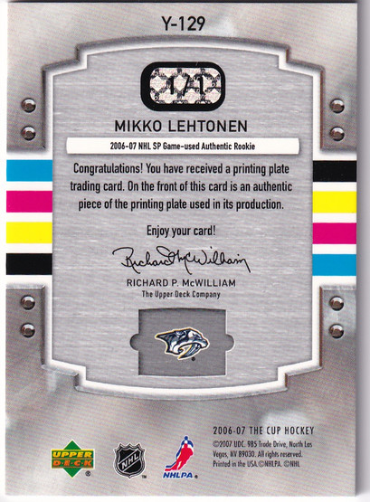  2006-07 The Cup Printing Plates SP Game Used Yellow #129 Mikko Lehtonen 1/1