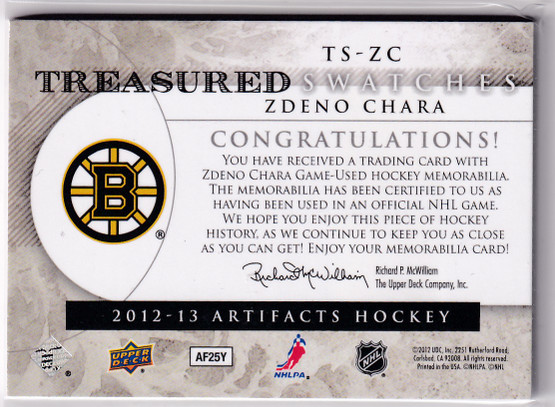  2012-13 Artifacts Treasured Swatches Patches Sticks Red #TSZC Zdeno Chara /12