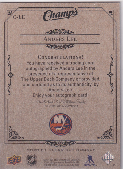  2020-21 Upper Deck Clear Cut Champs #CLE Anders Lee C
