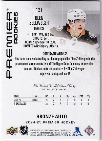  2024-25 Upper Deck Premier Autographs Bronze #121 Olen Zellweger