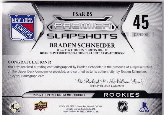  2022-23 Upper Deck Premier Premier Slapshots Rookie Autographs #PSARBS Braden Schneider