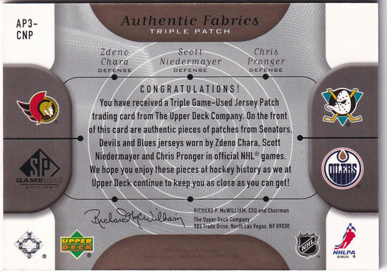 2005-06 SP Game Used Authentic Fabrics Triple Patches #CNP Zdeno Chara/Scott Niedermeyer/Chris Pronger /10