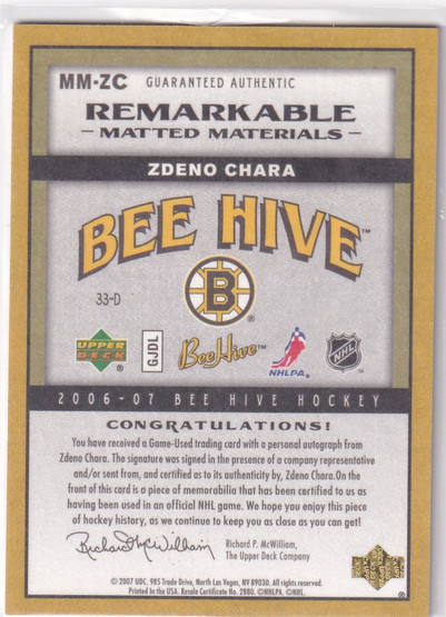  2006-07 Beehive Remarkable Matted Materials #MMZC Zdeno Chara /15