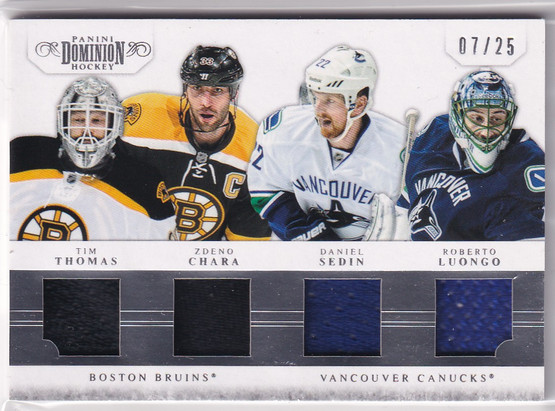 2011-12 Dominion Quad Jerseys #33 Daniel Sedin/25/Roberto Luongo/Tim Thomas/Zdeno Chara /25