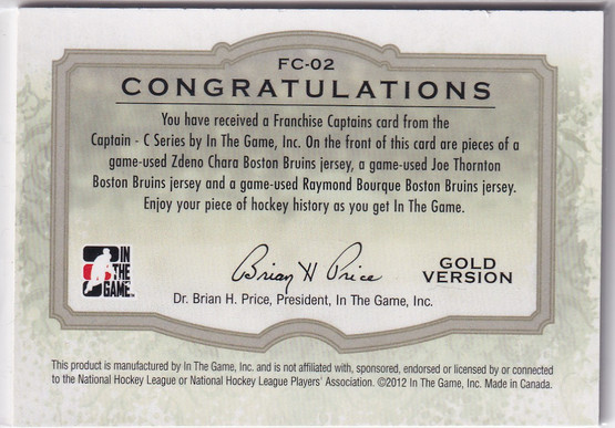 2011-12 ITG Captain-C Franchise Captains Jerseys Gold #FC02 Zdeno Chara/Joe Thornton/Ray Bourque/10