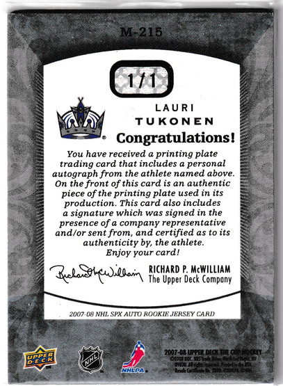  2007-08 The Cup Printing Plates SPx Magenta #215 Lauri Tukonen JSY AU 1/1