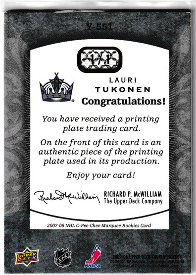  2007-08 The Cup Printing Plates O-Pee-Chee Yellow #551 Lauri Tukonen 1/1