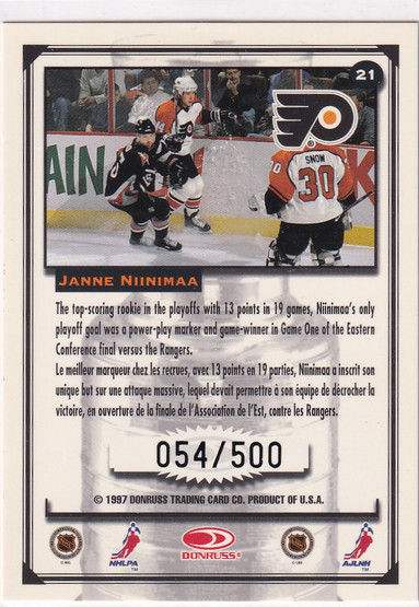 1997-98 Donruss Canadian Ice Stanley Cup Scrapbook Framed #21 Janne Niinimaa CS /500
