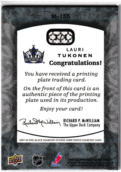  2007-08 The Cup Printing Plates Black Diamond Magenta #155 Lauri Tukonen 1/1