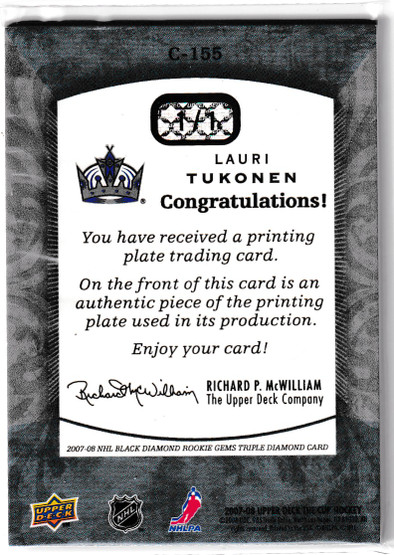  2007-08 The Cup Printing Plates Black Diamond Cyan #155 Lauri Tukonen 1/1
