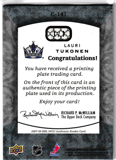 2007-08 The Cup Printing Plates SP Game Used Cyan #141 Lauri Tukonen 1/1
