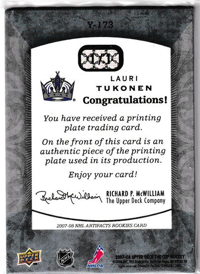  2007-08 The Cup Printing Plates Artifacts Yellow #173 Lauri Tukonen 1/1