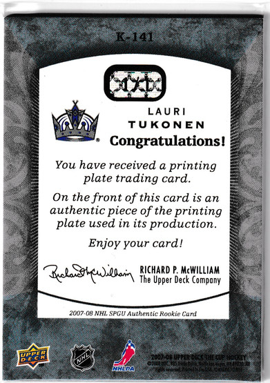  2007-08 The Cup Printing Plates SP Game Used Black #141 Lauri Tukonen 1/1